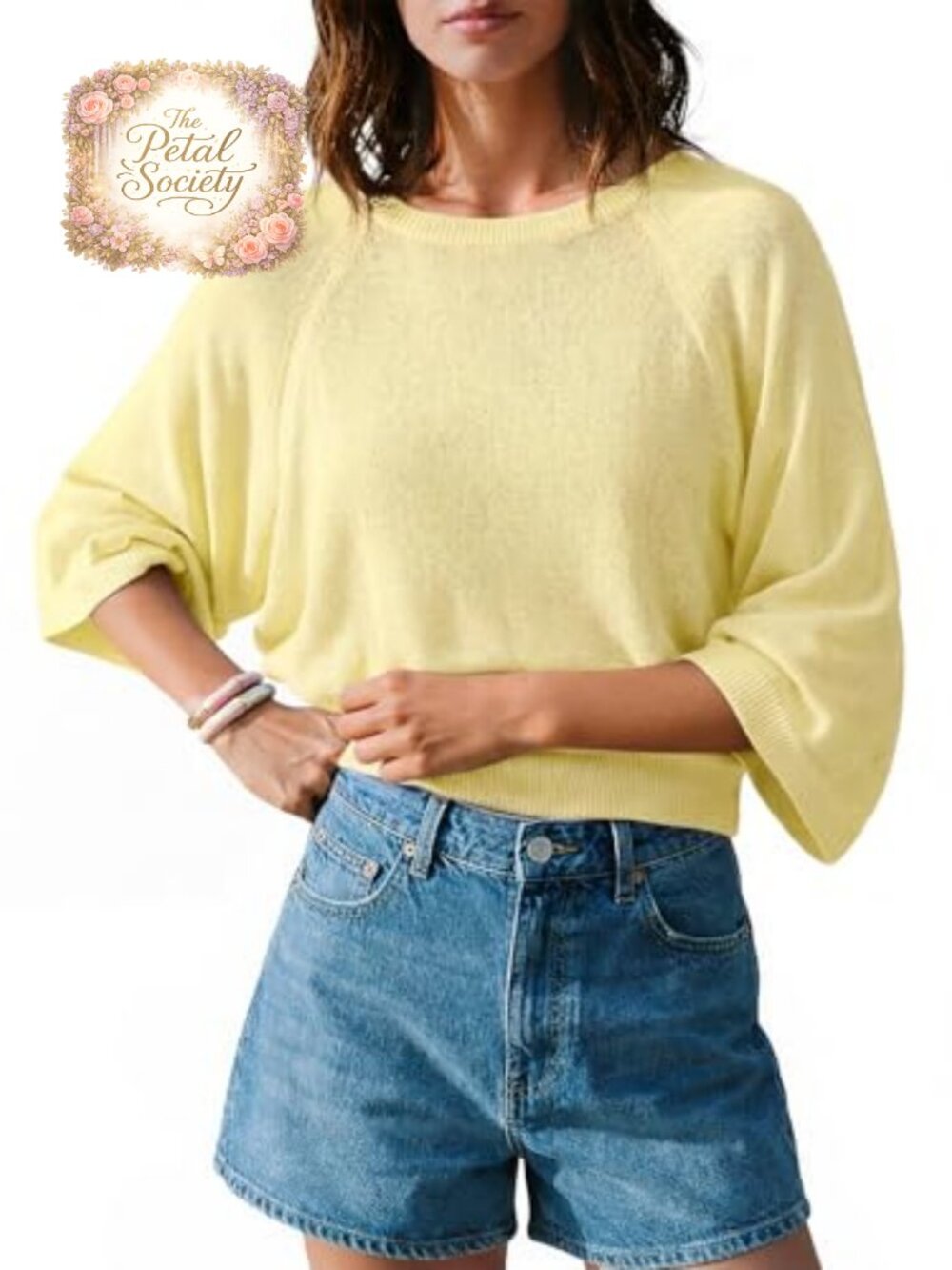 Womens 3/4 Sleeve Lightweight Knit Sweater Crew Neck Pullover